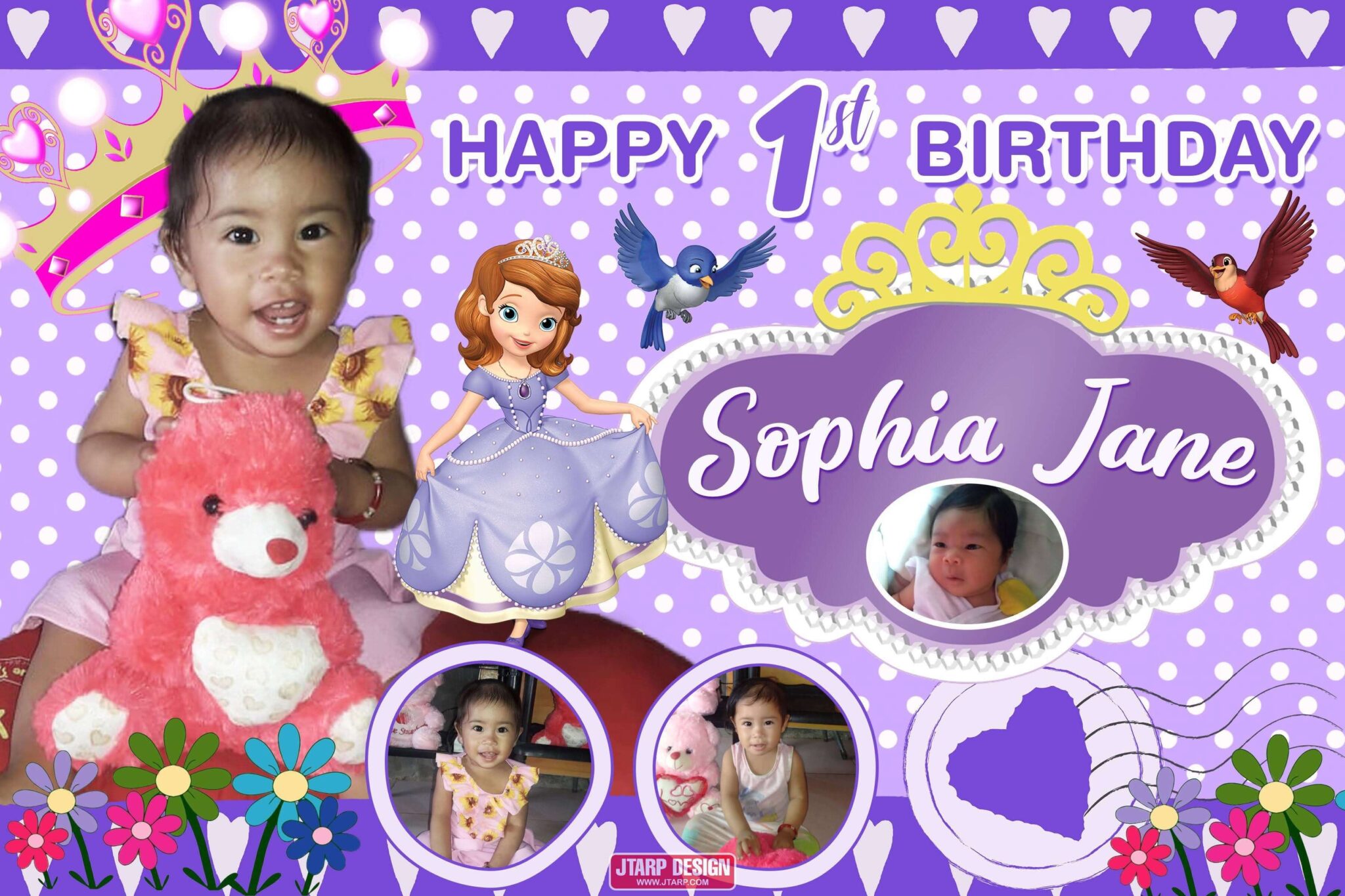 Purple Motif and Sofia the First Theme Birthday Tarpaulin Design